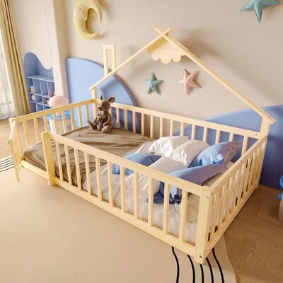 NOBRAND Lit cabane enfant 90 x 190 cm avec porte et barrières de sécurité montessori lit avec sommier à lattes naturel (sans matelas) Marron - Publicité NOBRAND Lit cabane enfant 90 x 190 cm avec porte et barrières de sécurité montessori lit avec sommier à lattes naturel (sans matelas) Marron - Publicité
