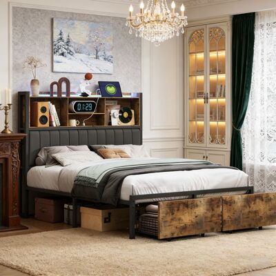 Lit 160x200 cm - COZY - LED - lit adulte 160x200 cm - cadre de lit double 160x200 cm - métal sommier - tissu en PU - noir et marron Noir - Publicité Lit 160x200 cm - COZY - LED - lit adulte 160x200 cm - cadre de lit double 160x200 cm - métal sommier - tissu en PU - noir et marron Noir - Publicité