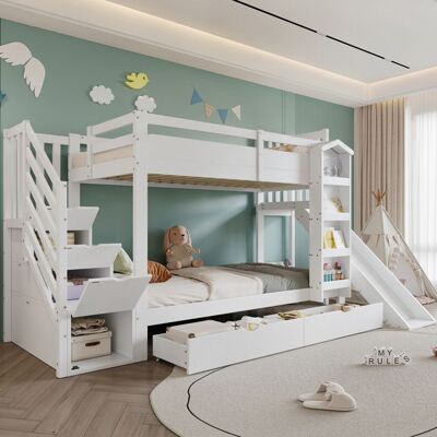 LEMLIT Lit Superposé Enfant 90x200 cm avec Toboggan et Escalier Rangement Bibliothèque Intégrée 2 Tiroirs Coulissants - Pin + MDF - Blanc Blanc - Publicité LEMLIT Lit Superposé Enfant 90x200 cm avec Toboggan et Escalier Rangement Bibliothèque Intégrée 2 Tiroirs Coulissants - Pin + MDF - Blanc Blanc - Publicité