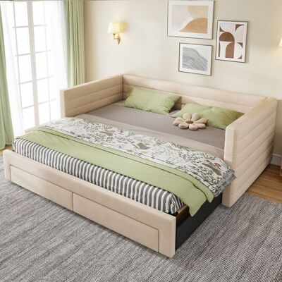 NOBRAND Canapé lit rabattable 90/180x190 avec Lit Gigogne Sommier à lattes et Tiroir Lit de jour Coton en Lin Lits de Repos(Beige) Beige - Publicité NOBRAND Canapé lit rabattable 90/180x190 avec Lit Gigogne Sommier à lattes et Tiroir Lit de jour Coton en Lin Lits de Repos(Beige) Beige - Publicité