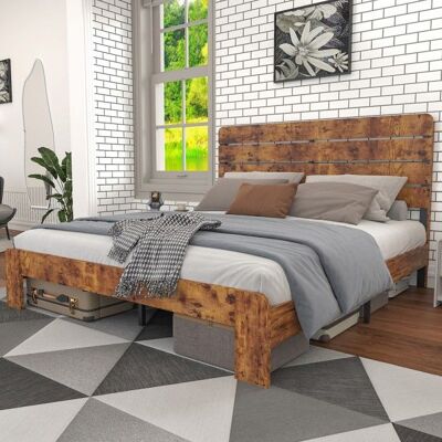 NOBRAND Lit Double 140x200 cm en bois ancien avec tête de lit haute cadre fer et lattes - Adultes et adolescents - sans Matelas Marron - Publicité NOBRAND Lit Double 140x200 cm en bois ancien avec tête de lit haute cadre fer et lattes - Adultes et adolescents - sans Matelas Marron - Publicité