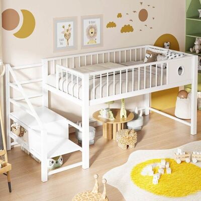 Lit mezzanine enfant - LEMONBEST - 90 x 200 cm - Métal blanc - Échelle de rangement - Sommier à lattes Blanc - Publicité Lit mezzanine enfant - LEMONBEST - 90 x 200 cm - Métal blanc - Échelle de rangement - Sommier à lattes Blanc - Publicité