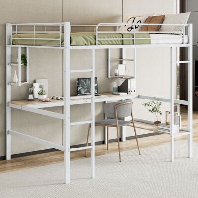 Blueline Lit mezzanine avec bureau lit mezzanine 140x200 cm lit mezzanine ados avec 4 étagères et bibliothèque cadre de lit en fer blanc Blanc - Publicité Blueline Lit mezzanine avec bureau lit mezzanine 140x200 cm lit mezzanine ados avec 4 étagères et bibliothèque cadre de lit en fer blanc Blanc - Publicité