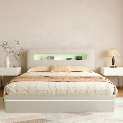 Lit Coffre 140x200 cm - COZY - Velours Beige - LED Intégrée - Sommier à Lattes - 2 Places Beige - Publicité Lit Coffre 140x200 cm - COZY - Velours Beige - LED Intégrée - Sommier à Lattes - 2 Places Beige - Publicité