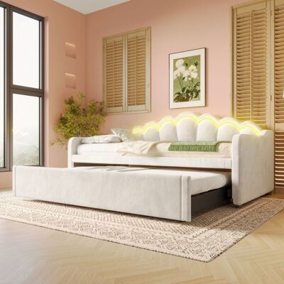 MERAX Lit Banquette Rembourré - 90x200 cm - Velours Beige - Lit Gigogne - LED Intégré Beige - Publicité MERAX Lit Banquette Rembourré - 90x200 cm - Velours Beige - Lit Gigogne - LED Intégré Beige - Publicité