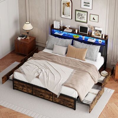 COZY Lit double 160x200cm lit adulte avec tête de lit LED et sommier à lattes en métal noir Noir - Publicité COZY Lit double 160x200cm lit adulte avec tête de lit LED et sommier à lattes en métal noir Noir - Publicité
