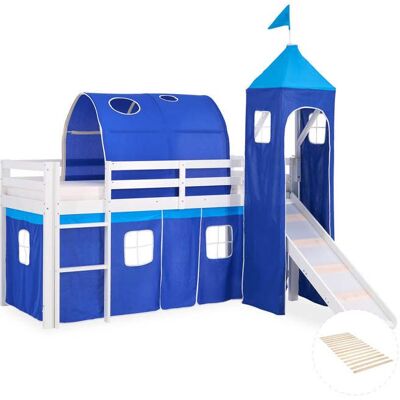 HOMESTYLE4U Lit mezzanine pour enfants 90 x 200 cm blanc avec rideau bleu Tunnel Tour Toboggan Avec sommier à lattes Bleu - Publicité HOMESTYLE4U Lit mezzanine pour enfants 90 x 200 cm blanc avec rideau bleu Tunnel Tour Toboggan Avec sommier à lattes Bleu - Publicité