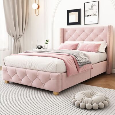 COVREO Lit 1 place 90x200 cm en velours rose avec sommier à lattes tête de lit capitonnée et pieds en bois Rose - Publicité COVREO Lit 1 place 90x200 cm en velours rose avec sommier à lattes tête de lit capitonnée et pieds en bois Rose - Publicité