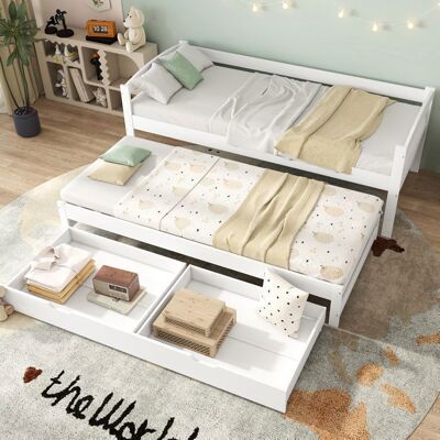 MERAX Lit Gigogne Enfant Ado 90x200 cm en Bois Massif Blanc avec 2 Tiroirs de Rangement Sommier à Lattes Lit Gain de Place Blanc - Publicité MERAX Lit Gigogne Enfant Ado 90x200 cm en Bois Massif Blanc avec 2 Tiroirs de Rangement Sommier à Lattes Lit Gain de Place Blanc - Publicité