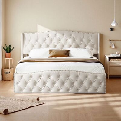 Lit 140x200 cm - COZY - tissu en velours - sommier - cadre de lit double 140x200 cm - blanc cassé Blanc - Publicité Lit 140x200 cm - COZY - tissu en velours - sommier - cadre de lit double 140x200 cm - blanc cassé Blanc - Publicité