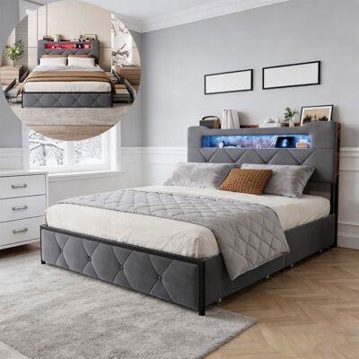Lit 160x200 cm COZY lit adulte avec sommier à lattes cadre de lit double avec 4 tiroir et LED tissu velours 160x200 cm gris Gris - Publicité Lit 160x200 cm COZY lit adulte avec sommier à lattes cadre de lit double avec 4 tiroir et LED tissu velours 160x200 cm gris Gris - Publicité