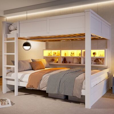 NOBRAND Lit superposé 160x200 avec étagères de rangement et éclairage LED lit double avec sommier à lattes en boiscadres de lit Blanc - Publicité NOBRAND Lit superposé 160x200 avec étagères de rangement et éclairage LED lit double avec sommier à lattes en boiscadres de lit Blanc - Publicité