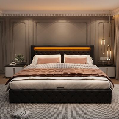 MERAX Lit Rembourré 140x190 cm avec Coffre de Rangement Sommier à Lattes LED Tête de Lit Haute - Revêtement PU Noir Noir - Publicité MERAX Lit Rembourré 140x190 cm avec Coffre de Rangement Sommier à Lattes LED Tête de Lit Haute - Revêtement PU Noir Noir - Publicité
