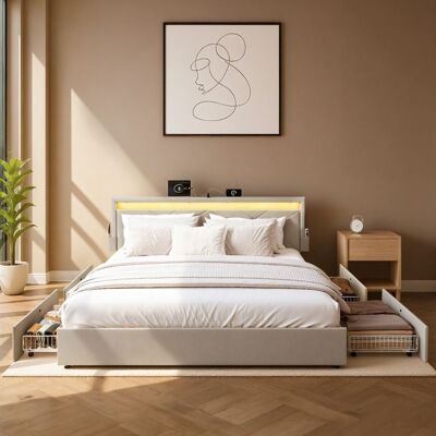 VASAGLE Lit complet et sommier avec LED 4 Tiroirs Tête de Lit Rembourrée Ajustable avec Multiprise sans Matelas 160 x 200 cm Beige Beige - Publicité VASAGLE Lit complet et sommier avec LED 4 Tiroirs Tête de Lit Rembourrée Ajustable avec Multiprise sans Matelas 160 x 200 cm Beige Beige - Publicité