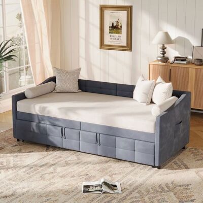 COZY Lit gigogne 90/180x200 cm Canapé-lit extensible avec sommiers à lattes lit capitonné en velours gris Gris - Publicité COZY Lit gigogne 90/180x200 cm Canapé-lit extensible avec sommiers à lattes lit capitonné en velours gris Gris - Publicité