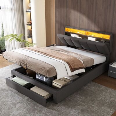 COZY Lit coffre 140x190 cm - lit double à lattes - lit adulte rembourré en lin - lit 140x190 cm - gris Gris - Publicité COZY Lit coffre 140x190 cm - lit double à lattes - lit adulte rembourré en lin - lit 140x190 cm - gris Gris - Publicité