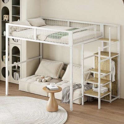 Lit mezzanine - LANGTU - LOFT haut 140x200 - Échelle sécurité avec armoire - Garde-corps maille - Structure métal/MDF Blanc - Publicité Lit mezzanine - LANGTU - LOFT haut 140x200 - Échelle sécurité avec armoire - Garde-corps maille - Structure métal/MDF Blanc - Publicité