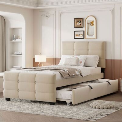 MERAX Lit Simple Rembourré - 90 x 190 cm - avec Lit Gigogne - Lit Simple en Velours Beige - Lit Enfant Adolescent Beige - Publicité MERAX Lit Simple Rembourré - 90 x 190 cm - avec Lit Gigogne - Lit Simple en Velours Beige - Lit Enfant Adolescent Beige - Publicité