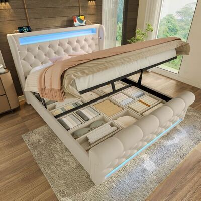 MERAX Lit Coffre Rembourré - 140 x 190 cm - avec LED - USB Type-C - Tête de Lit de Rangement - Velours Beige Beige - Publicité MERAX Lit Coffre Rembourré - 140 x 190 cm - avec LED - USB Type-C - Tête de Lit de Rangement - Velours Beige Beige - Publicité