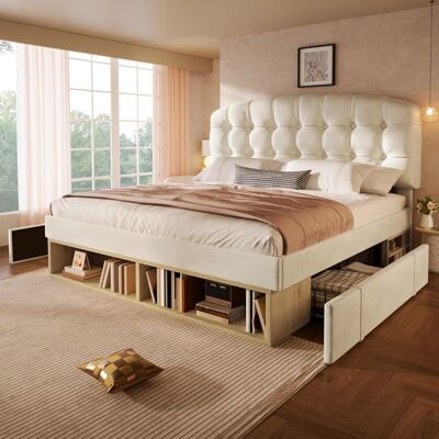 LEMLIT Lit double rembourré 140x190 cm lit ado avec rangement tiroirs tête de lit capitonnée réglable sommier à lattes - velours - beige Beige - Publicité LEMLIT Lit double rembourré 140x190 cm lit ado avec rangement tiroirs tête de lit capitonnée réglable sommier à lattes - velours - beige Beige - Publicité