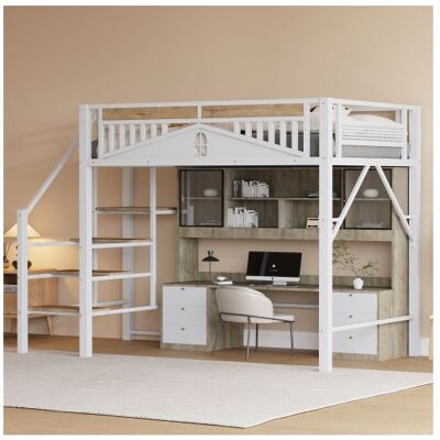 LANGTU Lit mezzanine 140x200 cm en métal structure au design unique avec fenêtre nombreux rangements sous le lit blanc Blanc - Publicité LANGTU Lit mezzanine 140x200 cm en métal structure au design unique avec fenêtre nombreux rangements sous le lit blanc Blanc - Publicité