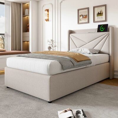 Lit coffre avec sommier à lattes - LANGTU - 90x200 cm - Coffre de rangement - Ports USB & Type-C - Tête rembourrée beige Beige - Publicité Lit coffre avec sommier à lattes - LANGTU - 90x200 cm - Coffre de rangement - Ports USB & Type-C - Tête rembourrée beige Beige - Publicité