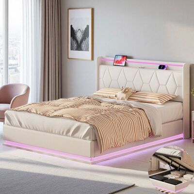 Lit 160x200 cm - COZY - Velours Blanc - LED Intégrée - Rangement Pratique - 2 Places Blanc - Publicité Lit 160x200 cm - COZY - Velours Blanc - LED Intégrée - Rangement Pratique - 2 Places Blanc - Publicité