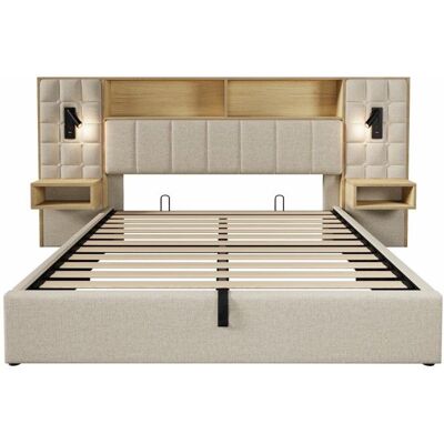 NOBRAND Lit double rembourré lin beige 160x200 LED USB-C tables chevet intégrées coffre rangement sommier lattes sans matelas Beige - Publicité NOBRAND Lit double rembourré lin beige 160x200 LED USB-C tables chevet intégrées coffre rangement sommier lattes sans matelas Beige - Publicité