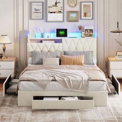 COZY Lit double 140x190 cm lit adulte avec tiroirs et lattes lit rembourré en velours lit 140x190 cm beige Beige - Publicité COZY Lit double 140x190 cm lit adulte avec tiroirs et lattes lit rembourré en velours lit 140x190 cm beige Beige - Publicité