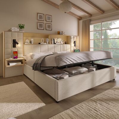 NOBRAND Lit coffre 180x200 avec 2 liseuses 2 chevets intégrés port de charge USB-C lit revêtu de tissu avec sommier à lattes (matelas non Beige - Publicité NOBRAND Lit coffre 180x200 avec 2 liseuses 2 chevets intégrés port de charge USB-C lit revêtu de tissu avec sommier à lattes (matelas non Beige - Publicité