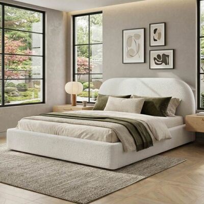 Lit double capitonné - LEMONBEST - Coins Arrondis - 180x200 cm - Bouclé beige - Sommier à lattes Beige - Publicité Lit double capitonné - LEMONBEST - Coins Arrondis - 180x200 cm - Bouclé beige - Sommier à lattes Beige - Publicité