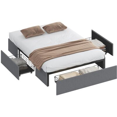Cadre de lit double - HOMCOM - 140 x 190 cm - 3 tiroirs - sommier à lattes en LVL - tissu lin - gris Gris - Publicité Cadre de lit double - HOMCOM - 140 x 190 cm - 3 tiroirs - sommier à lattes en LVL - tissu lin - gris Gris - Publicité