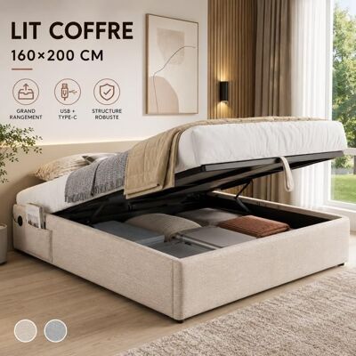 Generic Lit Double Rembourré 160x200 cm Lit Coffre avec USB - C et Sommier À Lattes Intégral Sans Tête de Lit Lin Naturel Beige - Publicité Generic Lit Double Rembourré 160x200 cm Lit Coffre avec USB - C et Sommier À Lattes Intégral Sans Tête de Lit Lin Naturel Beige - Publicité