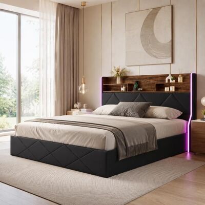 COZY Lit 160x200 cm Coffre avec Rangement Lit Adulte avec Ports USB et Éclairage LED - Lit Double Moderne - Noir Noir - Publicité COZY Lit 160x200 cm Coffre avec Rangement Lit Adulte avec Ports USB et Éclairage LED - Lit Double Moderne - Noir Noir - Publicité