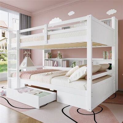 NOBRAND Lit superposé 90x200 blanc tiroirs intégrés + casiers rangement literie 2 couchages chambre partagée adulte sans matelas Blanc - Publicité NOBRAND Lit superposé 90x200 blanc tiroirs intégrés + casiers rangement literie 2 couchages chambre partagée adulte sans matelas Blanc - Publicité