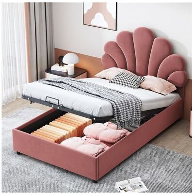NOBRAND Lit junior 90x200 cm rose en velours doux tête fleurie sommier intégré dossier inclinable et coffre hydraulique pratique Rose - Publicité NOBRAND Lit junior 90x200 cm rose en velours doux tête fleurie sommier intégré dossier inclinable et coffre hydraulique pratique Rose - Publicité