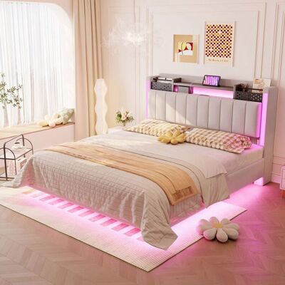 Generic Lit double 140 x 200 cm avec éclairage LED et prise USB Lit rembourré Lit adulte Tête de lit avec espace de rangement Lin Beige - Publicité Generic Lit double 140 x 200 cm avec éclairage LED et prise USB Lit rembourré Lit adulte Tête de lit avec espace de rangement Lin Beige - Publicité