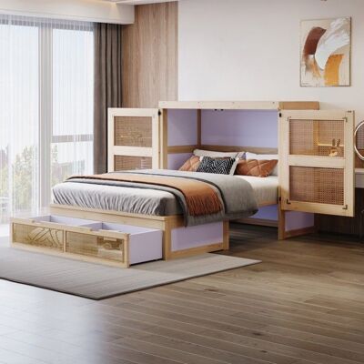NOBRAND Lit escamotable 140x200 cm mural vertical à lattes bois rotin design avec tiroirs rangement lit adulte & enfantSans Matelas - Publicité NOBRAND Lit escamotable 140x200 cm mural vertical à lattes bois rotin design avec tiroirs rangement lit adulte & enfantSans Matelas - Publicité