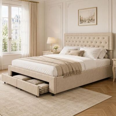 COZY Lit Coffre 160x200 cm avec Sommier à Lattes – Lit Double Adulte Rembourré en Velours - Lit 160x200 cm Beige Beige - Publicité COZY Lit Coffre 160x200 cm avec Sommier à Lattes – Lit Double Adulte Rembourré en Velours - Lit 160x200 cm Beige Beige - Publicité