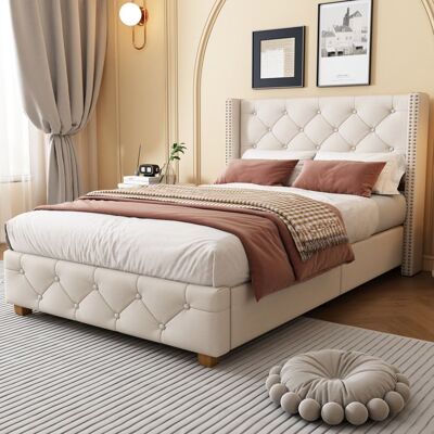 VIVRYN Lit 1 place capitonné 90 x 200 cm avec sommier à lattes tête de lit à boutons lin beige et pieds en bois Beige - Publicité VIVRYN Lit 1 place capitonné 90 x 200 cm avec sommier à lattes tête de lit à boutons lin beige et pieds en bois Beige - Publicité