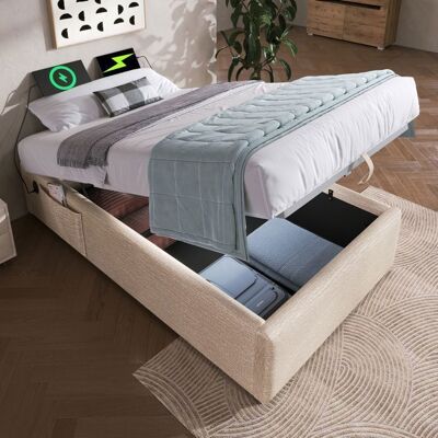 Blueline Lit simple 90 x 190 cm Lit coffre avec prise USB + Type C sans tête de lit - beige Beige - Publicité Blueline Lit simple 90 x 190 cm Lit coffre avec prise USB + Type C sans tête de lit - beige Beige - Publicité