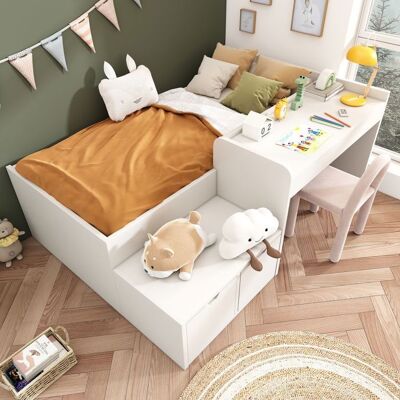 NOBRAND Lit enfant 90x200cm bois massif blanc - Bureau tiroirs & sommier lattes - Lit coffre mixte garçon/fille - Sans Matelas Blanc - Publicité NOBRAND Lit enfant 90x200cm bois massif blanc - Bureau tiroirs & sommier lattes - Lit coffre mixte garçon/fille - Sans Matelas Blanc - Publicité