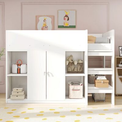 NOBRAND Lit mezzanine enfant 90x200cm avec bureau et tiroirslit mi-haut avec espace rangement intégré et armoire et sommier à lattesblanc Blanc - Publicité NOBRAND Lit mezzanine enfant 90x200cm avec bureau et tiroirslit mi-haut avec espace rangement intégré et armoire et sommier à lattesblanc Blanc - Publicité