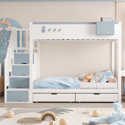 NOBRAND Lit Superposé Enfant 90x200 cm avec Échelle de Rangement Sécurisée Commode à Tiroirs Structure à LattesBlanc et Blau-sans matelas Blanc - Publicité NOBRAND Lit Superposé Enfant 90x200 cm avec Échelle de Rangement Sécurisée Commode à Tiroirs Structure à LattesBlanc et Blau-sans matelas Blanc - Publicité
