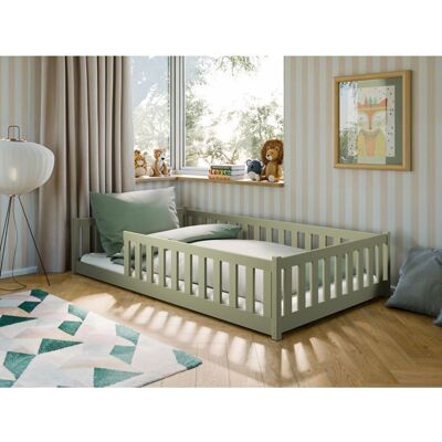 HOME COLLECTIVE Lit au sol enfant 120x200 cm - Avec sommier + barrière de lit - Lit pour enfant Montessori - En pin massif - Vert Olive Vert - Publicité HOME COLLECTIVE Lit au sol enfant 120x200 cm - Avec sommier + barrière de lit - Lit pour enfant Montessori - En pin massif - Vert Olive Vert - Publicité