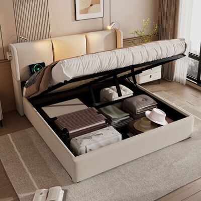 LEMLIT Lit coffre 160x200cm lit double rembourré avec 2 liseuses et prise USB sommier à lattes - rangement hydraulique - tissu lin - beige Beige - Publicité LEMLIT Lit coffre 160x200cm lit double rembourré avec 2 liseuses et prise USB sommier à lattes - rangement hydraulique - tissu lin - beige Beige - Publicité