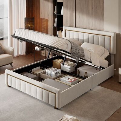COZY Lit 140x190 cm - lit rembourré en velours - lit double 140x190 cm design contemporain - lit coffre - beige Beige - Publicité COZY Lit 140x190 cm - lit rembourré en velours - lit double 140x190 cm design contemporain - lit coffre - beige Beige - Publicité