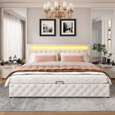 NOBRAND Lit Double 180x200 Blanc Rembourré PU avec Sommier Lattes LED et Rangement Intégré - Sans Matelas Blanc - Publicité NOBRAND Lit Double 180x200 Blanc Rembourré PU avec Sommier Lattes LED et Rangement Intégré - Sans Matelas Blanc - Publicité