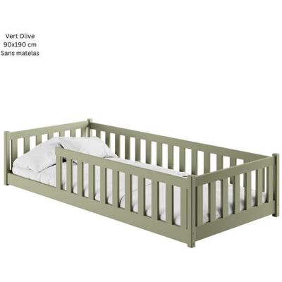 HOME COLLECTIVE Lit au sol enfant 90x190 cm - Avec sommier + barrière de lit - Lit pour enfant Montessori - En pin massif - Vert Olive Vert - Publicité HOME COLLECTIVE Lit au sol enfant 90x190 cm - Avec sommier + barrière de lit - Lit pour enfant Montessori - En pin massif - Vert Olive Vert - Publicité