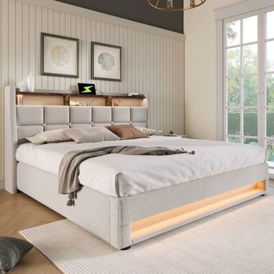 MERAX Lit Double Moderne Lit Coffre 180x200 avec Ports USB Éclairage LED Structure Métal et Tissu Lin Beige (Sans Matelas) Beige - Publicité MERAX Lit Double Moderne Lit Coffre 180x200 avec Ports USB Éclairage LED Structure Métal et Tissu Lin Beige (Sans Matelas) Beige - Publicité